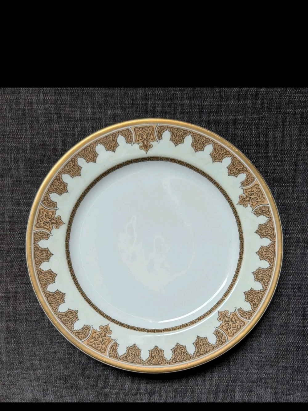 Elegant White Porcelain Dinner Plate with Gold Filigree Border